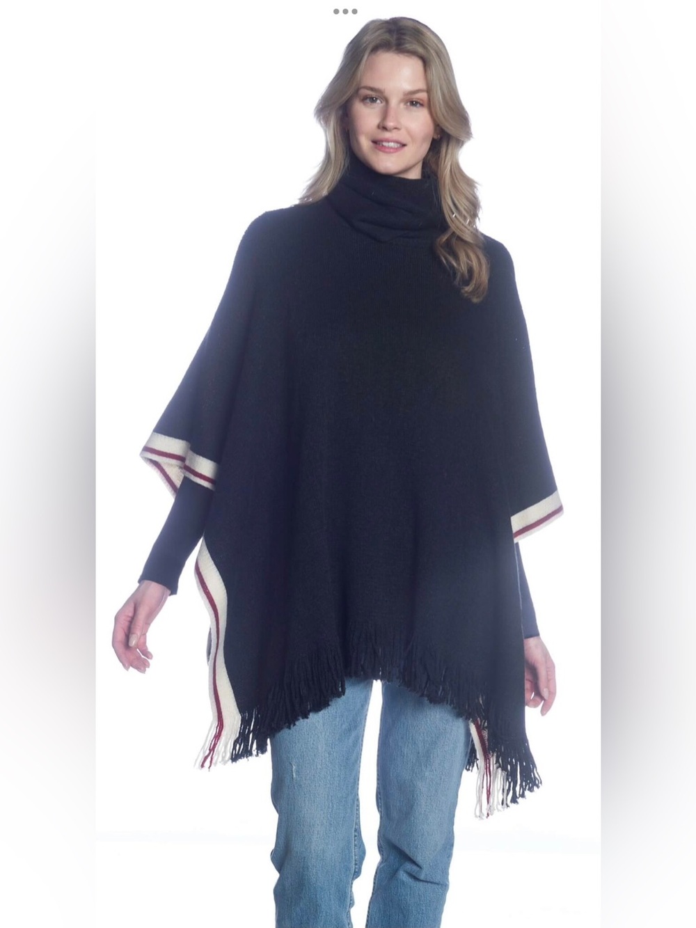 DKR Knit Turtleneck Poncho (Cape) with Contrast Trim & Fringe Hem-Black